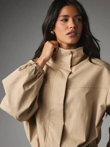 MISSGUIDED Long Sleeve Puff Sleeve Mini Dress With High Neck Drawstring Waist And Relaxed Shift Silhouette For Autumn - Camel - View 2