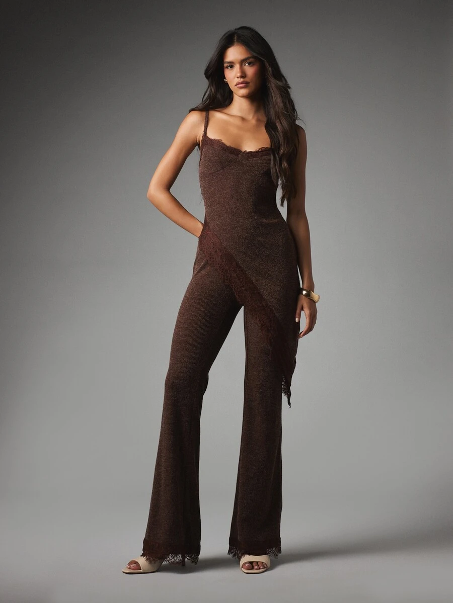 MISSGUIDED Ribbed Knit Jumpsuit With Lace Trim Sweetheart Neckline Spaghetti Strap Flared Wide Leg Sleeveless Co-Ord Set - Brown - View 1