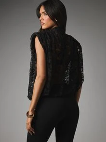 MISSGUIDED Sheer Floral Lace Sleeveless Blouse With Bow Tie Neck And Structured Shoulders Evening Party Top - Black - View 3