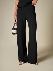 KSTM Wide Leg Knit Trousers With High Waist Seam Detail Relaxed Fit Full Length Palazzo Style Pants - Black - View 4
