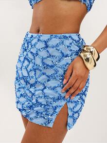 Dancing Leopard Blue Sequin Crop Top And Skirt Coord Set, Summer Outfits For Women, Vacation Skirt - Blue - View 6