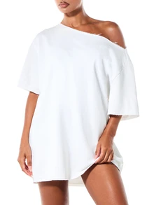 SUMWON WOMEN Oversized One-Shoulder Mini T-Shirt Dress With Raw Cut Frayed Neckline Relaxed Fit Summer Casual Style - White - View 4