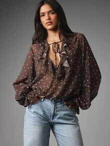 MISSGUIDED Polka Dot Chiffon Ruffle Blouse With Plunge Tie Neck And Puff Long Sleeves Flowy Oversized Boho Top - Multicolor - View 1