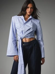 MISSGUIDED Striped Tie-Front Crop Shirt With Bell Sleeves Collared Button-Down Long Sleeve Twisted Hem Top Spring Summer Festival Style - Blue - View 1