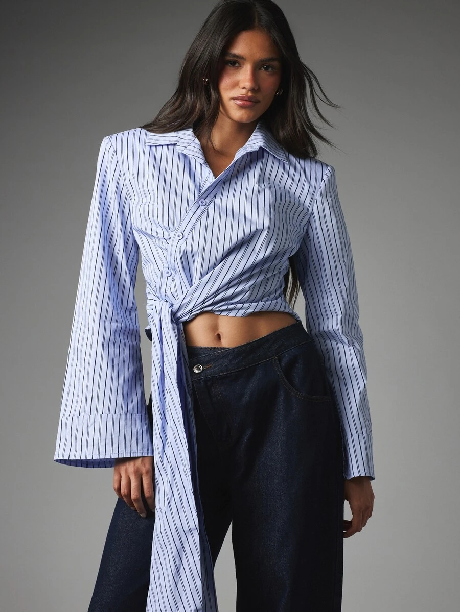 MISSGUIDED Striped Tie-Front Crop Shirt With Bell Sleeves Collared Button-Down Long Sleeve Twisted Hem Top Spring Summer Festival Style - Blue - View 1