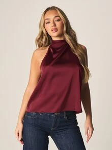 MISSGUIDED 緞面掛脖上衣，垂墜垂領設計，無袖優雅派對夜生活襯衫 - 酒紅色 - 查看 4