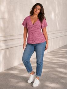 ELLERISSA Plus Size Red Violet Polka Dot V Neck Button Front Tie Back Flutter Sleeve Blouse - Red Violet - View 4
