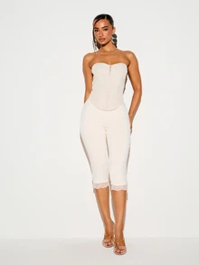 KIZN High Rise Cropped Capri Leggings With Floral Lace Trim Hem And Side Split Detail For Spring Summer Holiday Everyday White Romantic Elegant - Apricot - View 5