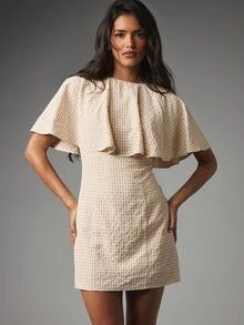 MISSGUIDED Checked Mini Dress With Butterfly Ruffle Overlay Crew Neck Short Sleeve Seersucker Summer Party Dress - Apricot - View 1