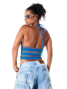 SUMWON WOMEN Diagonal Stripe Strapless Crop Bralette Top With Tie Back Open Back Detail Summer Holiday Style Casual Y2k Night Out Blue Stripe - Multicolor - View 2