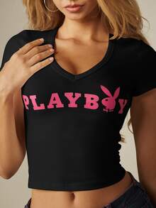 Missguided x Playboy Logo圖案V領短版短袖修身貼身T恤，兔圖案，假日派對必備 - 黑色 - 查看 5