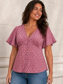 ELLERISSA Plus Size Red Violet Polka Dot V Neck Button Front Tie Back Flutter Sleeve Blouse - Red Violet - View 5