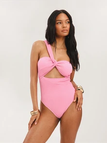 Dancing Leopard Light Pink One Shoulder Cut-Out Twist Front Swimsuit, Holiday/Vacation Beachwear Sexy Tropical - Pink - View 5