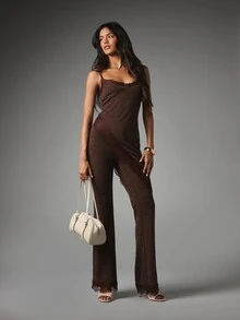 MISSGUIDED Ribbed Knit Jumpsuit With Lace Trim Sweetheart Neckline Spaghetti Strap Flared Wide Leg Sleeveless Co-Ord Set - Brown - View 5