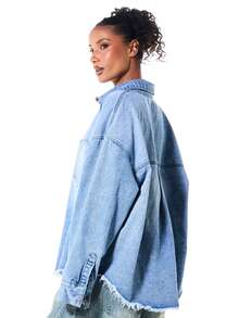 SUMWON WOMEN Oversized Denim Shacket With Chest Pocket Collared Button-Front Raw Frayed Hem Long Sleeve Shirt Jacket - Blue - View 2