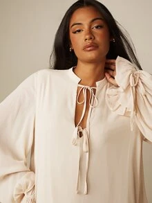 MISSGUIDED Boho Tie-Front Mini Dress With Lace Trim Hem Puff Sleeves Ruffle Drop Waist Spring Summer Party - Apricot - View 2