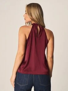 MISSGUIDED 緞面掛脖上衣，垂墜垂領設計，無袖優雅派對夜生活襯衫 - 酒紅色 - 查看 2