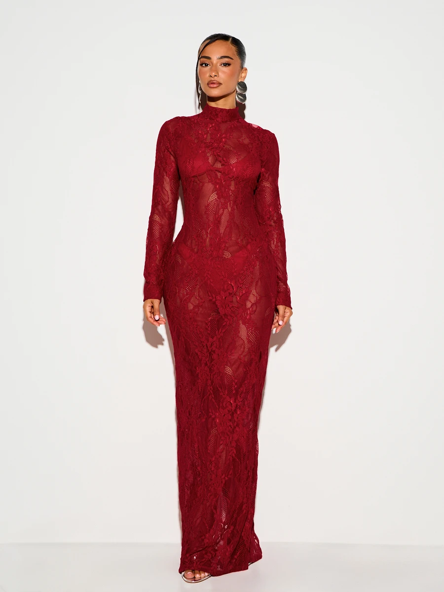 KIZN Floral Lace Maxi Dress High Neck Long Sleeve Bodycon Semi-Sheer Elegant Evening Gown With Back Slit And Built In Bra And Panty Set - Red - View 1