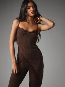 MISSGUIDED Ribbed Knit Jumpsuit With Lace Trim Sweetheart Neckline Spaghetti Strap Flared Wide Leg Sleeveless Co-Ord Set - Brown - View 2