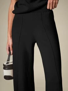 KSTM Wide Leg Knit Trousers With High Waist Seam Detail Relaxed Fit Full Length Palazzo Style Pants - Black - View 7
