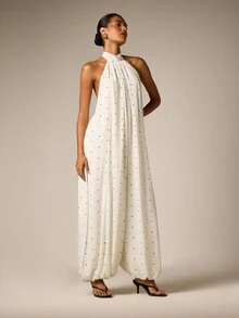 AiiRZ Halter Neck Open Back White And Black Polka Dot Chiffon Jumpsuit With Bubble Hem Wide Leg Palazzo Tie Detail Summer Party Vacation Elegant Tropical - Black and White - View 1