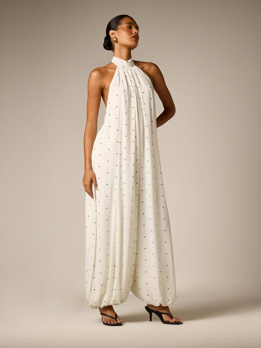 AiiRZ Halter Neck Open Back White And Black Polka Dot Chiffon Jumpsuit With Bubble Hem Wide Leg Palazzo Tie Detail Summer Party Vacation Elegant Tropical - Black and White - View 1