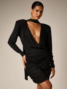 AiiRZ Deep Plunge Choker Neck Ruched Bodycon Mini Dress With Batwing Sleeves And Dramatic Back Drape Detail For Party Evening Occasion - Black - View 5