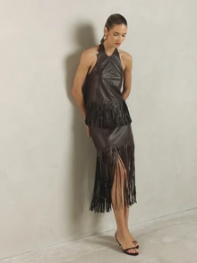 KSTM Faux Leather Halter Neck Fringe Hem Top Backless Sleeveless Party Night Out Crop Blouse Fall Winter Festival - Brown - View 3