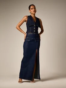 AiiRZ Dark Wash Denim Cropped Vest With Wide Lapel Collar Gold Dome Buttons And Contrast Stitching Detail - Dark Wash - View 4