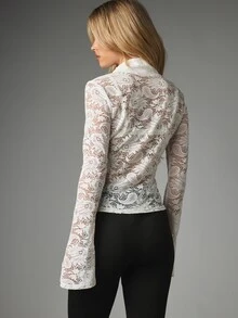 MISSGUIDED Floral Lace Long Bell Sleeve High Neck Front Zip Blouse Sheer Semi-Transparent Fitted Top Spring Party Night Out - White - View 4