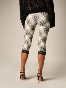 AiiRZ Plaid Print Cropped Leggings With Black Lace Hem Trim High Rise Skinny Fit Capri Pants Fall Winter Style - Multicolor - View 2