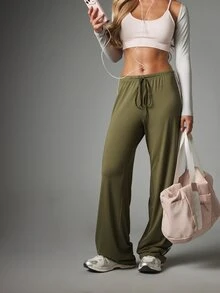 MISSGUIDED Wide Leg Track Pants With Contrast Side Stripe Detail Elastic Drawstring Waist Full Length Relaxed Fit Casual Style - Army Green - View 4