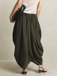 KSTM Olive Harem Balloon Pants With Elastic Drawstring Waist Draped Silhouette Maxi Length Casual Loose Fit Summer Trousers - Army Green - View 4