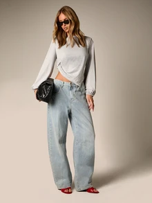 AiiRZ Long Sleeve Crew Neck Crop Top With Side Ruching And Puff Cuffs Open Back Detail Casual Spring Summer Essential - Grey - View 3
