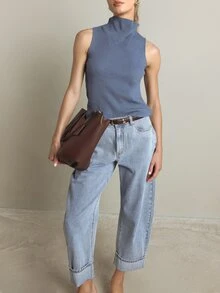 KSTM Ribbed Knit Sleeveless Turtleneck Top Slim Fit Mock Neck Vest Perfect For Spring Summer Casual Everyday Layering - Dusty Blue - View 4