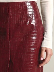 KSTM Faux Leather Crocodile Embossed Pencil Skirt With Front Split High Rise Bodycon Fit Below Knee Length Fall Winter - Burgundy - View 6