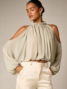 AiiRZ Cold Shoulder High Neck Crop Blouse With Batwing Long Sleeves Ruched Neckline Tie Back Draped Chiffon Top Summer Party - Green - View 5