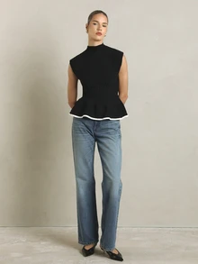 KSTM Sleeveless Mock Neck Peplum Knit Top With White Contrast Trim Hem Fitted Waist Flared Ruffle Detail Fall Winter Essential - Black - View 3