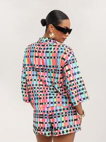 Dancing Leopard Rainbow Geometric Print High-Waisted Wide-Leg Shorts, Holiday/Vacation Wear - Multicolor - View 2