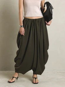 KSTM Olive Harem Balloon Pants With Elastic Drawstring Waist Draped Silhouette Maxi Length Casual Loose Fit Summer Trousers - Army Green - View 1