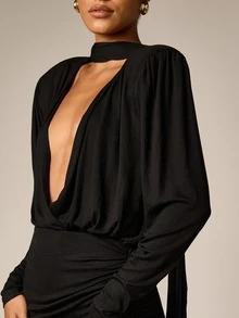 AiiRZ Deep Plunge Choker Neck Ruched Bodycon Mini Dress With Batwing Sleeves And Dramatic Back Drape Detail For Party Evening Occasion - Black - View 2
