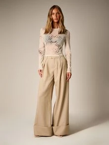 AiiRZ Sheer Mesh Long Sleeve Crop Top With Abstract Animal Print Crew Neck Form Fitting Semi-Transparent Spring Summer Style - Multicolor - View 5