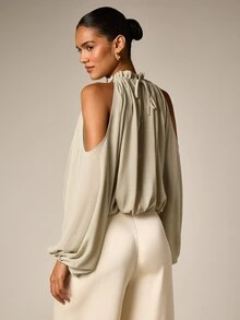 AiiRZ Cold Shoulder High Neck Crop Blouse With Batwing Long Sleeves Ruched Neckline Tie Back Draped Chiffon Top Summer Party - Green - View 3