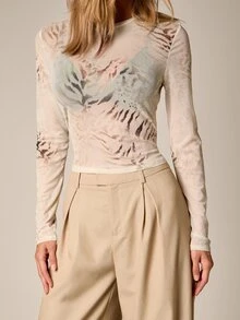 AiiRZ Sheer Mesh Long Sleeve Crop Top With Abstract Animal Print Crew Neck Form Fitting Semi-Transparent Spring Summer Style - Multicolor - View 4