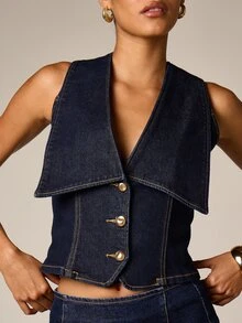 AiiRZ Dark Wash Denim Cropped Vest With Wide Lapel Collar Gold Dome Buttons And Contrast Stitching Detail - Dark Wash - View 6