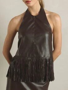KSTM Faux Leather Halter Neck Fringe Hem Top Backless Sleeveless Party Night Out Crop Blouse Fall Winter Festival - Brown - View 1