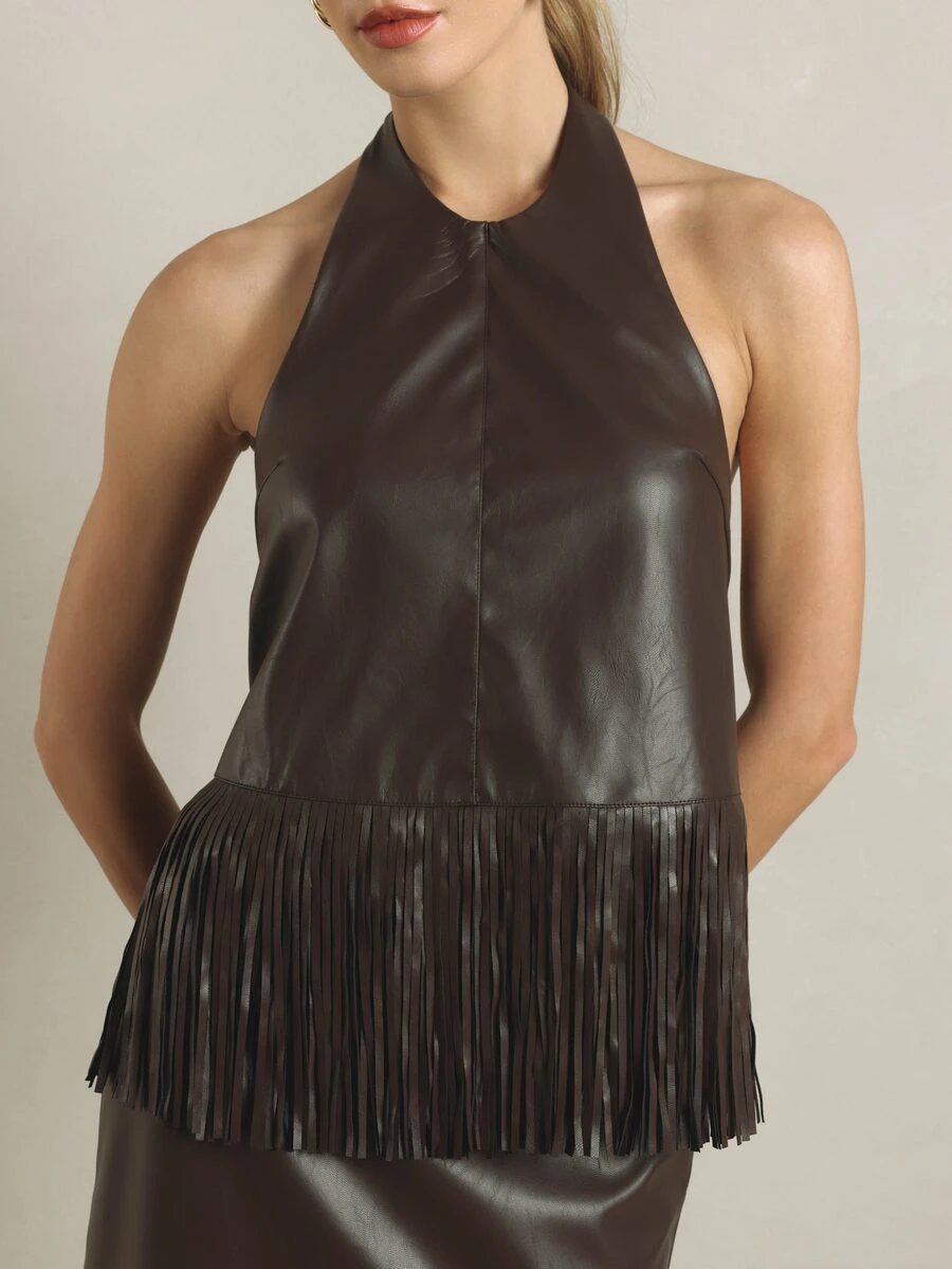 KSTM Faux Leather Halter Neck Fringe Hem Top Backless Sleeveless Party Night Out Crop Blouse Fall Winter Festival - Brown - View 1