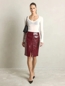KSTM Faux Leather Crocodile Embossed Pencil Skirt With Front Split High Rise Bodycon Fit Below Knee Length Fall Winter - Burgundy - View 3