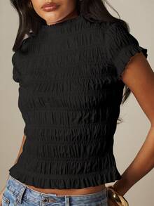 MISSGUIDED Smocked Crop Top With Ruffle Hem Mock Neck Cap Sleeve Shirred Stretch Fitted Blouse - Black - View 5