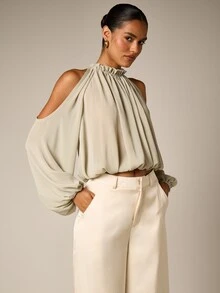 AiiRZ Cold Shoulder High Neck Crop Blouse With Batwing Long Sleeves Ruched Neckline Tie Back Draped Chiffon Top Summer Party - Green - View 1